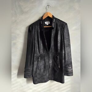 Joseph Ribkoff Black Poly Suede Zipper Detail Single Hook Closure Jacket M